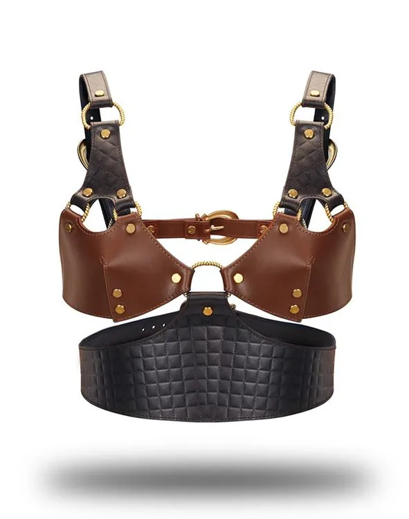 BUSTIER EN CUIR - NOIR, MARRON & DORÉ