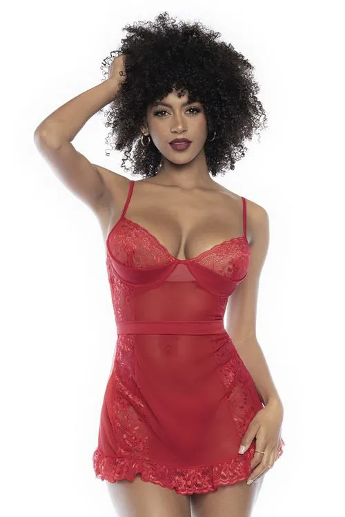 Nuisette en dentelle et résille rouge string 