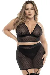 Soutien-gorge, string et jupe résille noire