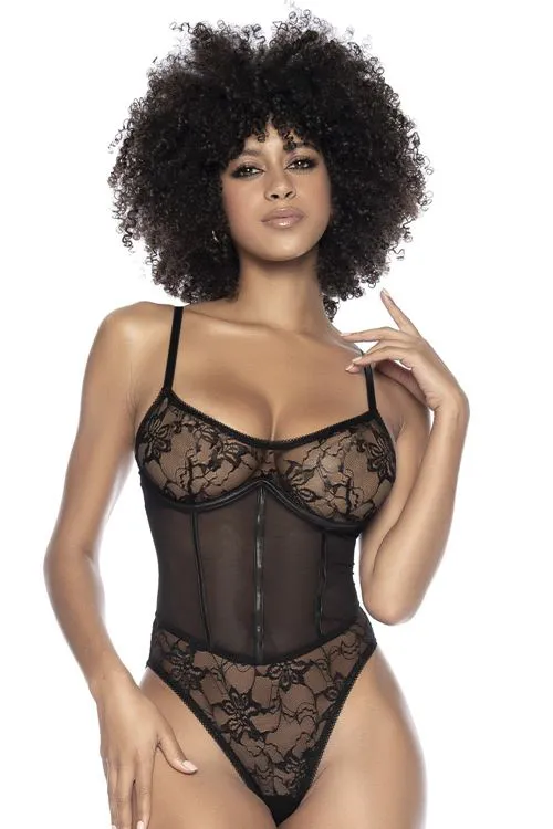 Body noir en résille et dentelle et laçage 