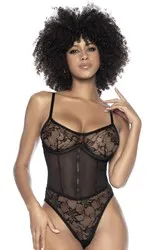 Body noir en résille et dentelle et laçage  1
