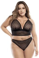 Soutien-gorge, string et jupe résille noire  2