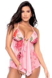 Nuisette résille rose imprimé floral et string 2