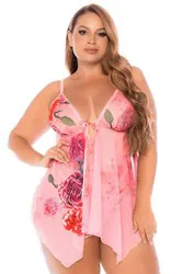 Nuisette résille rose imprimé floral et string 5